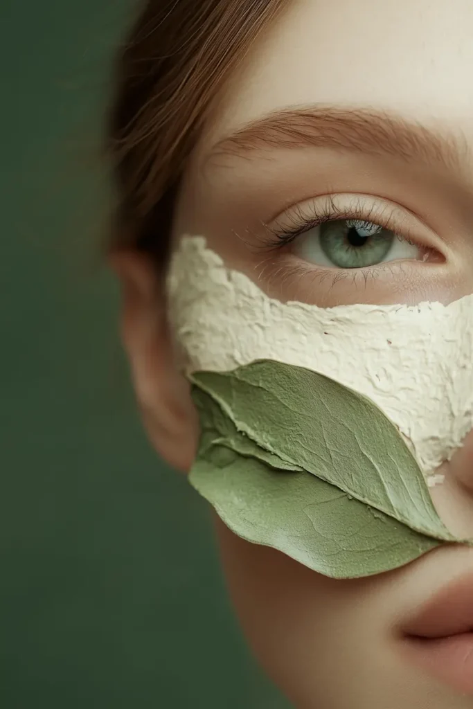 Moitié d'un visage avec un masque à l'argile sur les cernes sur lequele st apposé une feuille