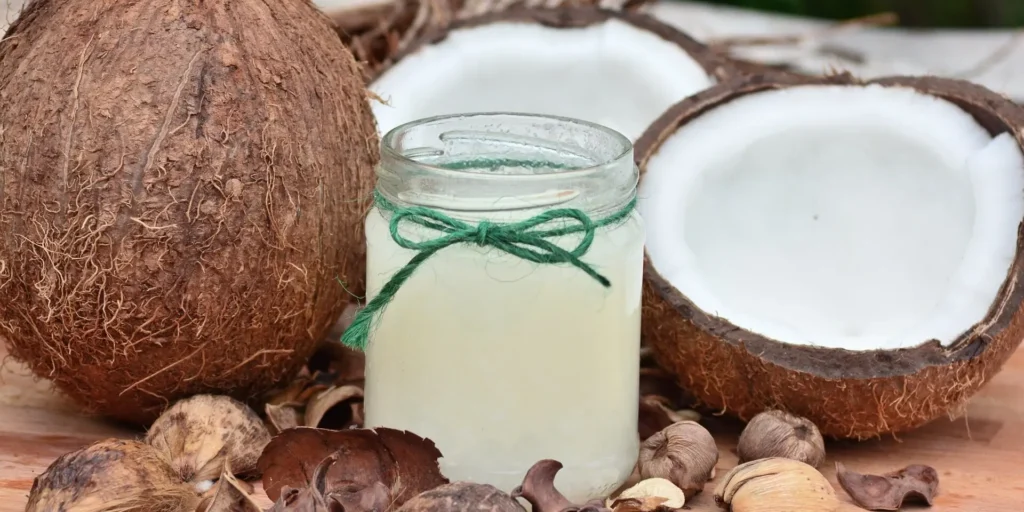 Gommage exfoliant à la noix de coco dans un fond avec des noix de coco en fond